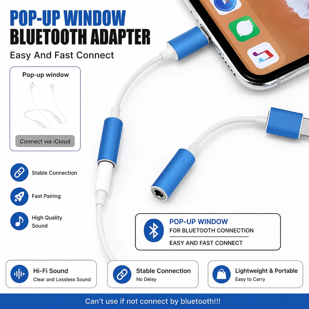 Lightning to 3.5mm Bluetooth Adapter | Wireless Audio Receiver with Pop-Up Window | Easy & Fast Connection