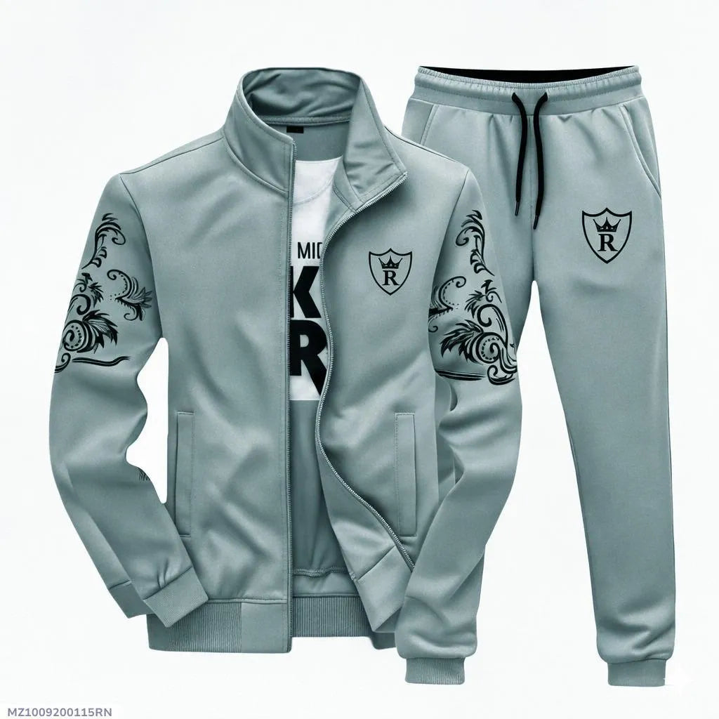 Men Fleece Printed Track Suit Grey Slim Fit Winter