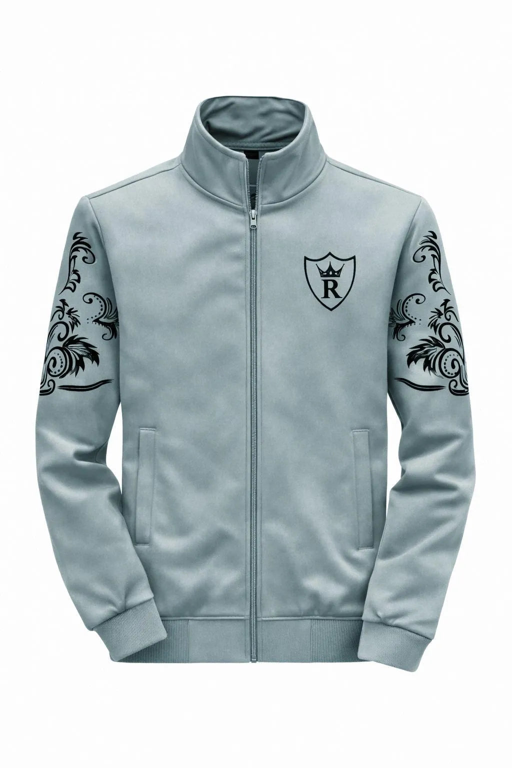 Men Fleece Printed Track Suit Grey Slim Fit Winter