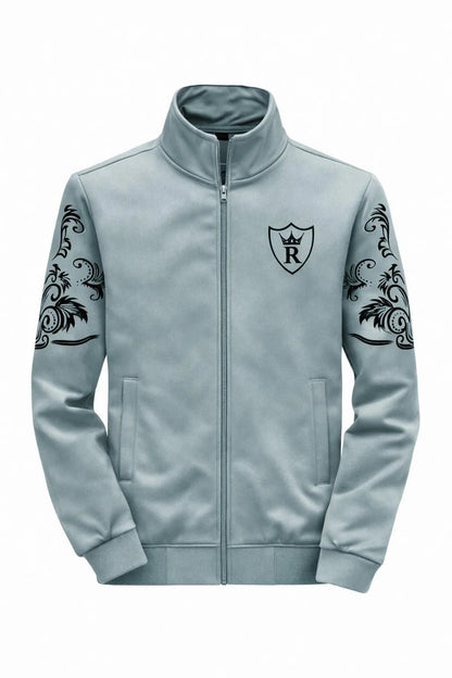 Men Fleece Printed Track Suit Grey Slim Fit Winter