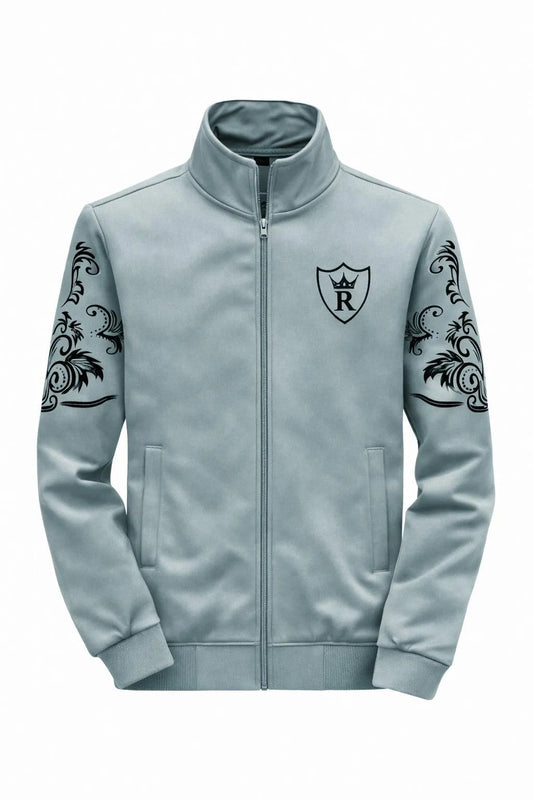 Men Fleece Printed Track Suit Grey Slim Fit Winter