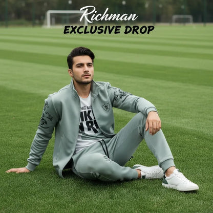 Men Fleece Printed Track Suit Grey Slim Fit Winter