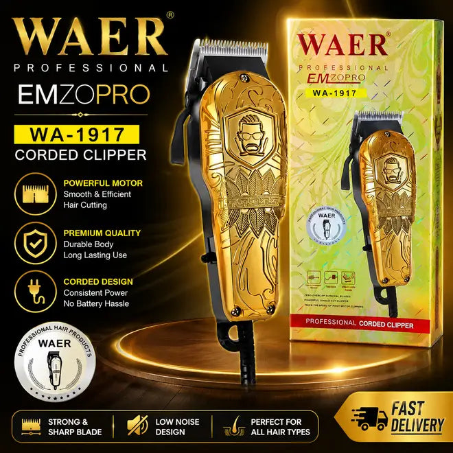 WAER WA-1917 Professional Hair Clipper – Heavy Duty Corded Hair Cutting Machine with 4 Guide Combs