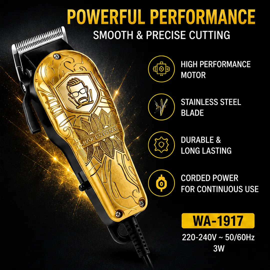 WAER WA-1917 Professional Hair Clipper – Heavy Duty Corded Hair Cutting Machine with 4 Guide Combs