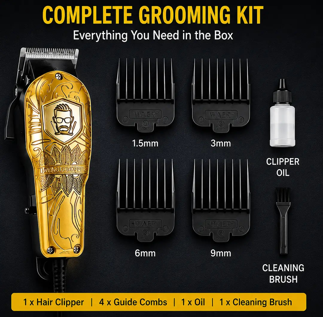 WAER WA-1917 Professional Hair Clipper – Heavy Duty Corded Hair Cutting Machine with 4 Guide Combs