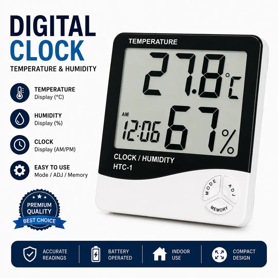 HTC-1 Digital Temperature & Humidity Meter with Clock – Thermometer Hygrometer