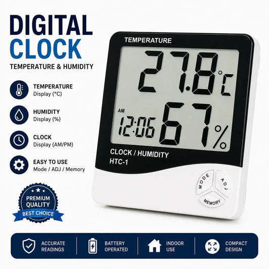 HTC-1 Digital Temperature & Humidity Meter with Clock – Thermometer Hygrometer
