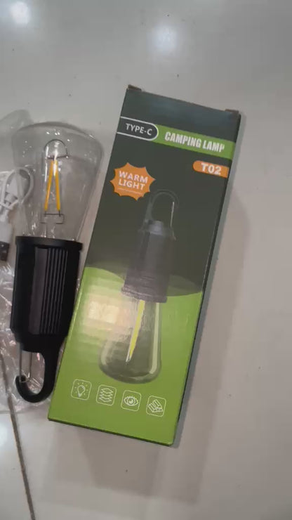 T02 Portable Hanging Camping Lamp – Type-C Rechargeable Warm Light LED Bulb with 3 Modes